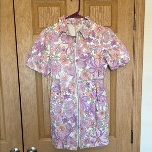 Floral Twill Zip-Up Floral Dress in Pink and Purple